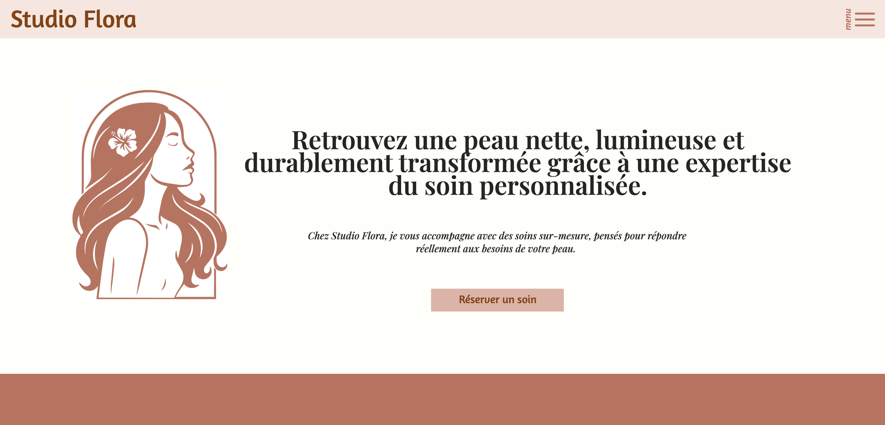 Homepage of the Studio Flora site, logo, illustration and headline about clear, radiant skin.